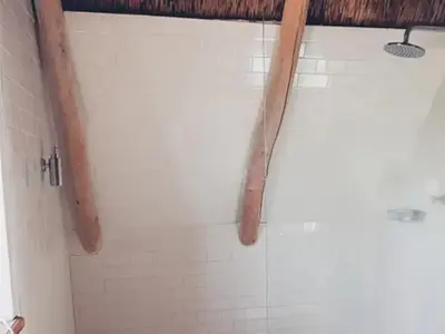 a bathroom with two wooden beams on a shower stall at Champagne De Kleijne Bos Pty Ltd in Paarl