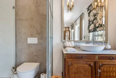 a bathroom with a sink and a toilet and a mirror at Serendipite Villa in Franschhoek