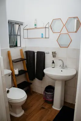 a bathroom with a white toilet and a sink at Mooi Uitsig Lodge in Paarl