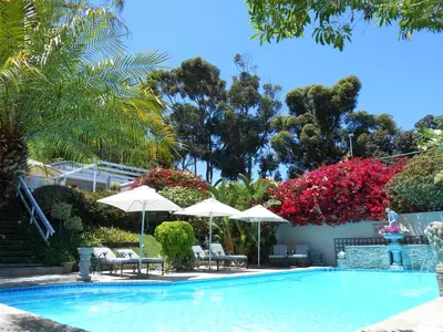 a swimming pool with umbrellas and chairs and trees at Roosboom Guest Apartments in Somerset West