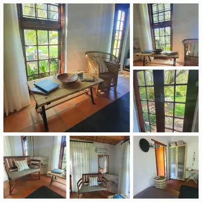 a collage of photos of a room with a table and windows at Belle vallée Cottage in Greyton