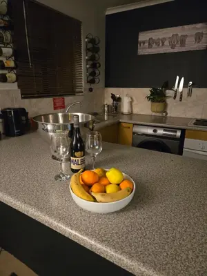 a bowl of fruit on a counter in a kitchen at Apartment with garden in Cape Town