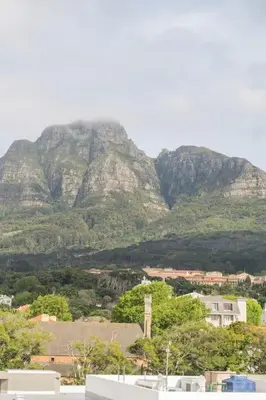 a mountain in the background of a city with trees at Rondebosch Central in Cape Town