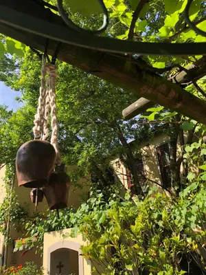 a bell hanging from a tree in front of a building at 10 Alexander B&B in Stellenbosch