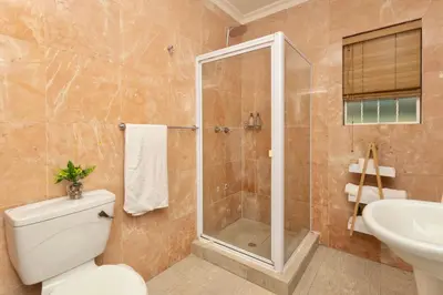 a bathroom with a shower and a toilet and a sink at SERENA INN Apartment no5 in Cape Town