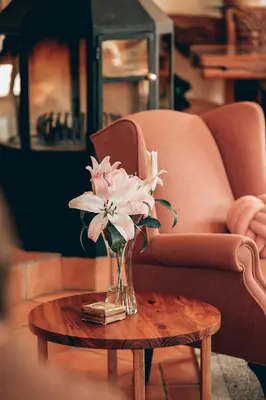 a vase of pink flowers sitting on a coffee table at Villa Chad Luxury Guesthouse in Kleinmond
