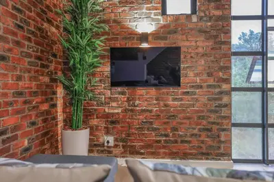 a brick wall with a tv and a plant in a room at Tranquil Loft Design and Underground Parking in Stellenbosch