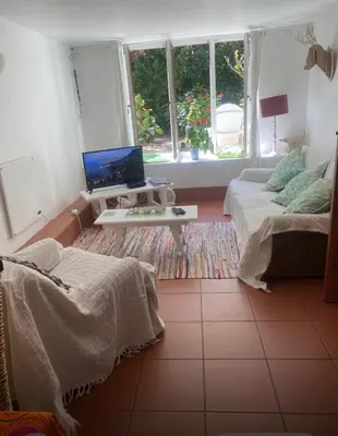a living room with two beds and a laptop on a table at Tranquil Olive Tree Garden Apartment 2 in Cape Town