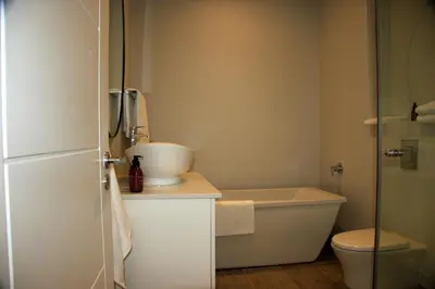 a bathroom with a sink and a toilet at Franschhoek Mountain Views in Franschhoek