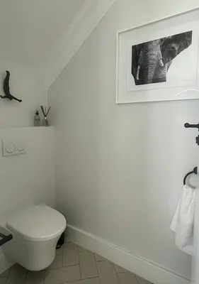 a bathroom with a toilet and a picture on the wall at 2 Riverside Oaks in Franschhoek