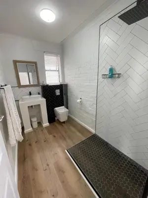a bathroom with a shower with a toilet and a sink at Fynbos Feniks Family House in Voëlklip in Hermanus
