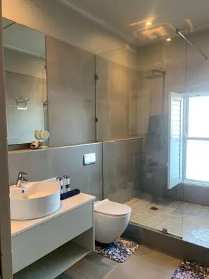 a bathroom with a sink and a toilet and a shower at Hermanus Waterfront Apartment 12 in Hermanus