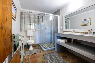a bathroom with a shower and a toilet and a sink at Dorpsig Cottage in Paarl