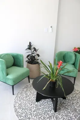 a living room with two chairs and a table with a plant at Digital Nomad's Nest, Somerset West in Cape Town