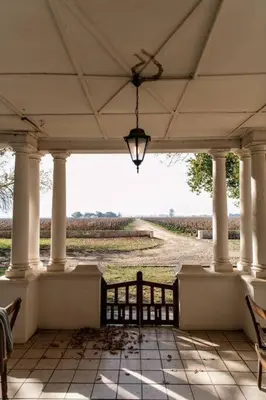 a porch with white columns and a view of a field at La Bri Guesthouse in Rawsonville