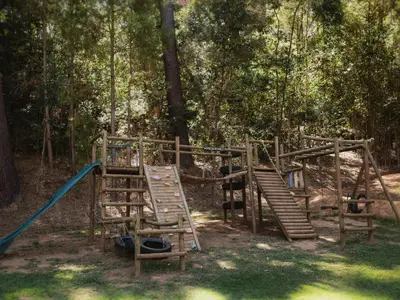 two wooden playground equipment in a park with trees at The Doolhof Country House in Wellington