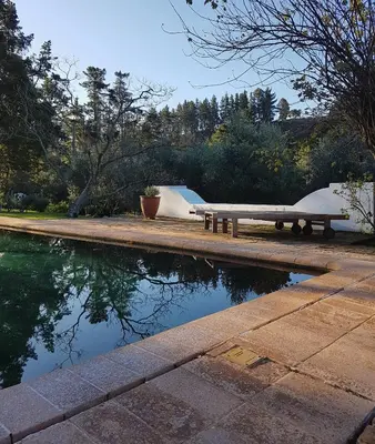 a park with a bench and a pool of water at Wildekrans Country House in Botrivier