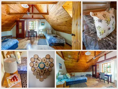 a collage of pictures of a bedroom and a living room at Bluebelle Cottage in Greyton