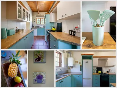 a collage of photos of a kitchen with blue cabinets at Bluebelle Cottage in Greyton