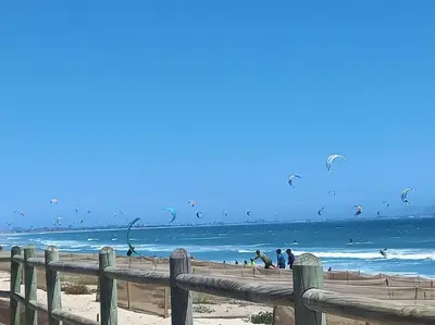 a group of people flying kites on the beach at @5 on Lincoln in Cape Town
