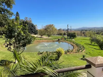 a pond in the middle of a green field at Belcharto Accommodation in Stellenbosch