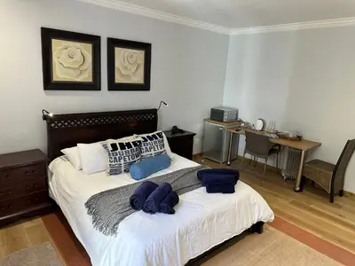 a bedroom with a bed with blue pillows on it at Tranquil Private Rooms Hermanus in Hermanus