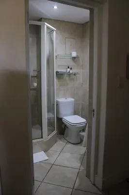 a bathroom with a toilet and a walk in shower at Contemporary Central Apartment by ARPA Hospitalities in Stellenbosch