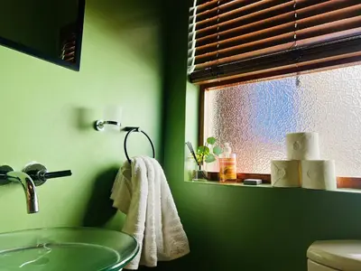 a green bathroom with a sink and a window at Kabana Family Home and Guest House in Cape Town