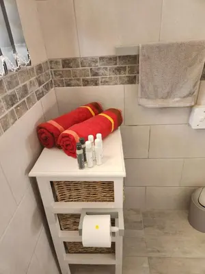 a bathroom with a shower with red towels and a toilet at Thys' Place in Cape Town