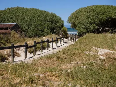 people walking down a path on the beach at St Tropez Beachfront 101 in Strand