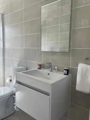 a bathroom with a white sink and a toilet at The CoziPlace One in Cape Town