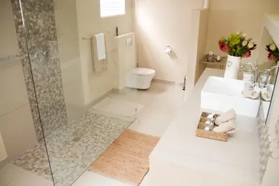 a bathroom with a shower and a sink and a toilet at Nuwerus Lodge Paarl in Paarl