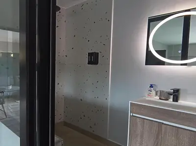 a bathroom with a shower with a mirror and a sink at NEW BOSTON in Bellville