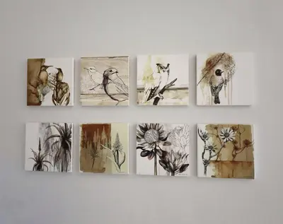a row of drawings of birds and flowers on a wall at At Hummingbird Hill Hermanus in Hermanus