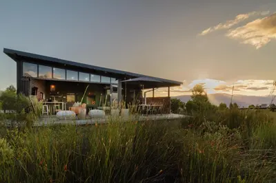 a house with a black roof in a field at Steenbok farm cottages Sunbird Cottage in Wolseley