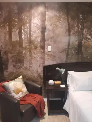 a bedroom with a bed and a chair and a painting at Strandloper Room in Cape Town