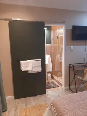 a bathroom with a shower and a door with towels at Strandloper Room in Cape Town