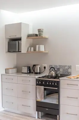 a kitchen with a stove and a microwave at Prinia on Peak holiday home in Pringle Bay