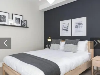 a bedroom with a large bed with black walls at Franschhoek - La Petit Village - Views in Franschhoek