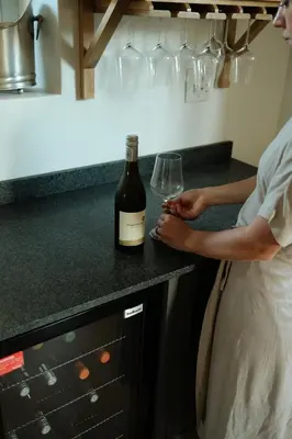 a woman standing in a kitchen with a bottle of wine at Gabriëlskloof Farm House in Botrivier