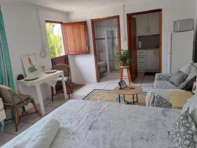 a living room with a bed and a kitchen at Watercolour Cottage in Hermanus