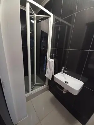 a bathroom with a white sink and a shower at Freys 1 in Cape Town