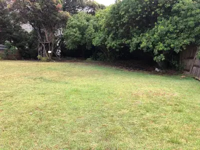 a yard with a field of grass and trees at Rustica in Onrus close to the beach in Hermanus