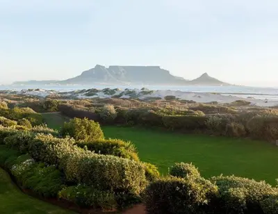 a lush green field with a view of the ocean at Happy Dolphin - Luxury 3BR Sea View Apartment in Cape Town