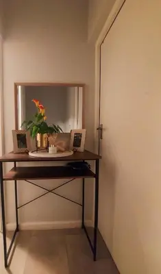 a table with a plant on it next to a door at Serenity on the Atlantic seaboard house shared in Cape Town