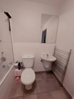a white bathroom with a toilet and a sink at Serenity on the Atlantic seaboard house shared in Cape Town