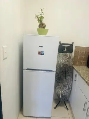 a white refrigerator in a kitchen with a plant on top at Tranquil Pool View in Cape Town