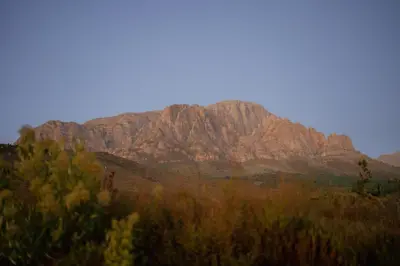 a mountain in the distance with trees in the foreground at Berghuis - Mountain Hideaway in Wolseley