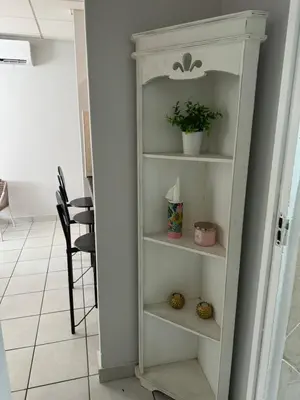 a white book shelf with a plant on it at The Silhouette - Paarl - Self Catering Apartment in Paarl