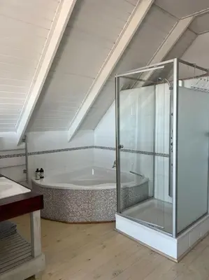 a bathroom with a shower and a bath tub at Tranquility Betty's Bay in Sunny Seas
